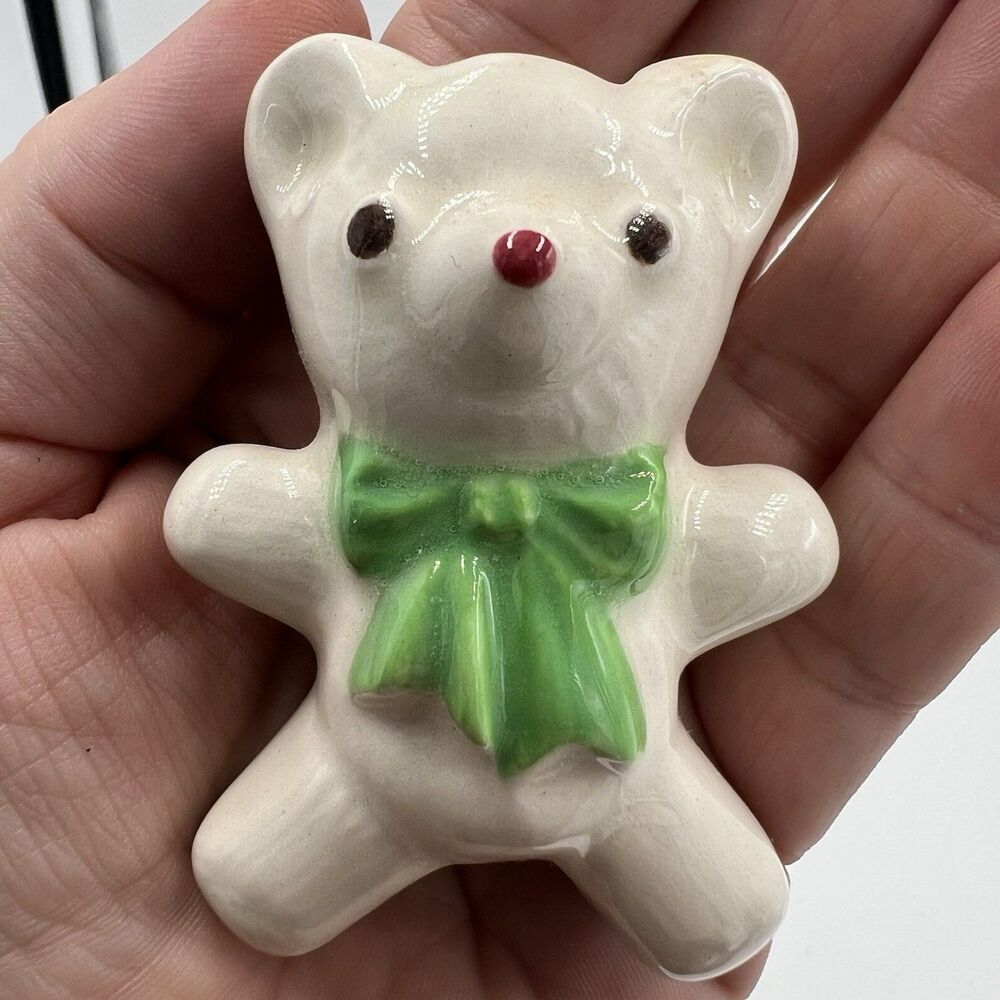 Rare Vintage Macrame Ceramic Bead Baby Bear Green Bow Figurine Stuffy Lovie